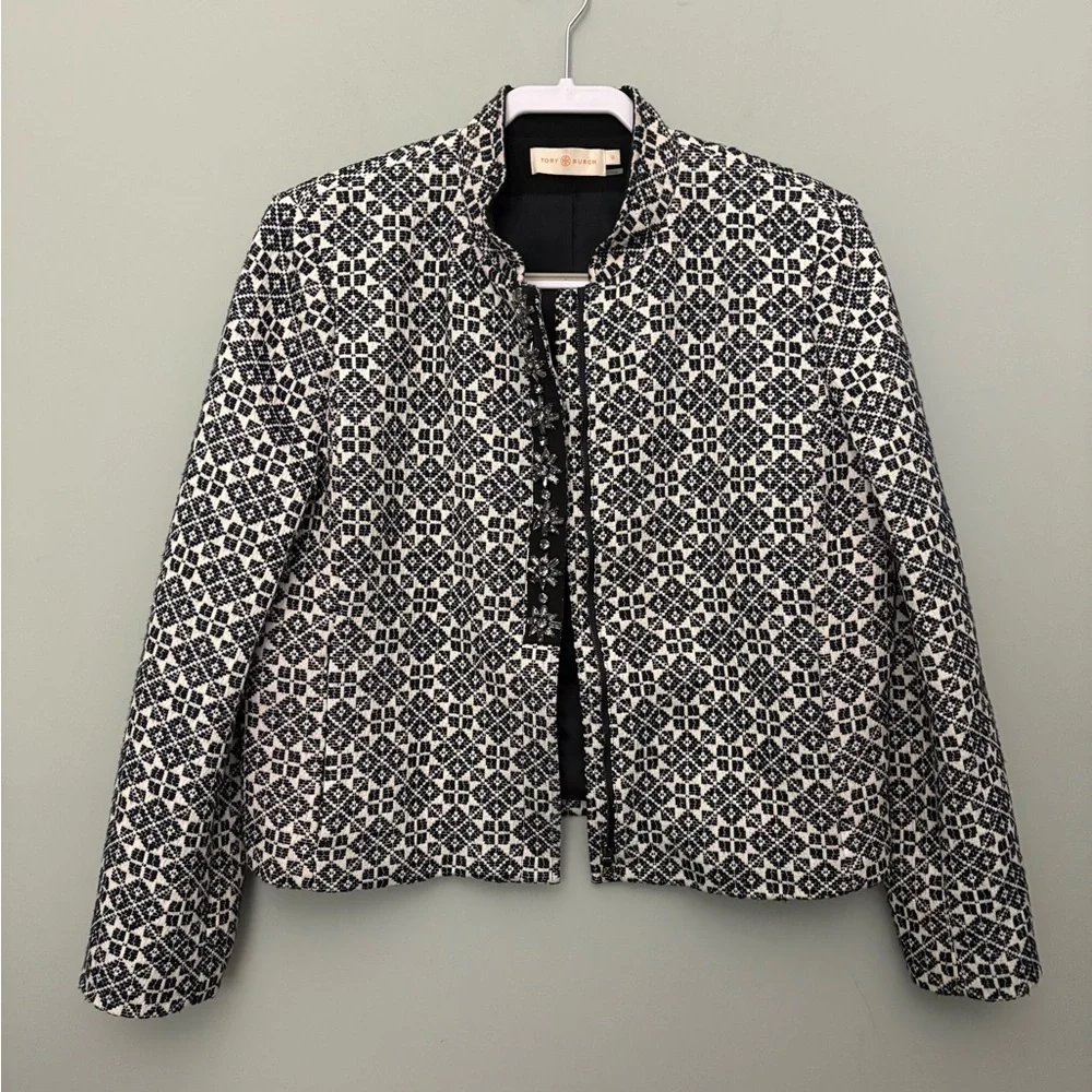 Tory Burch Embellished Jacquard Jacket Size 12 Navy Ivory Collarless Blazer